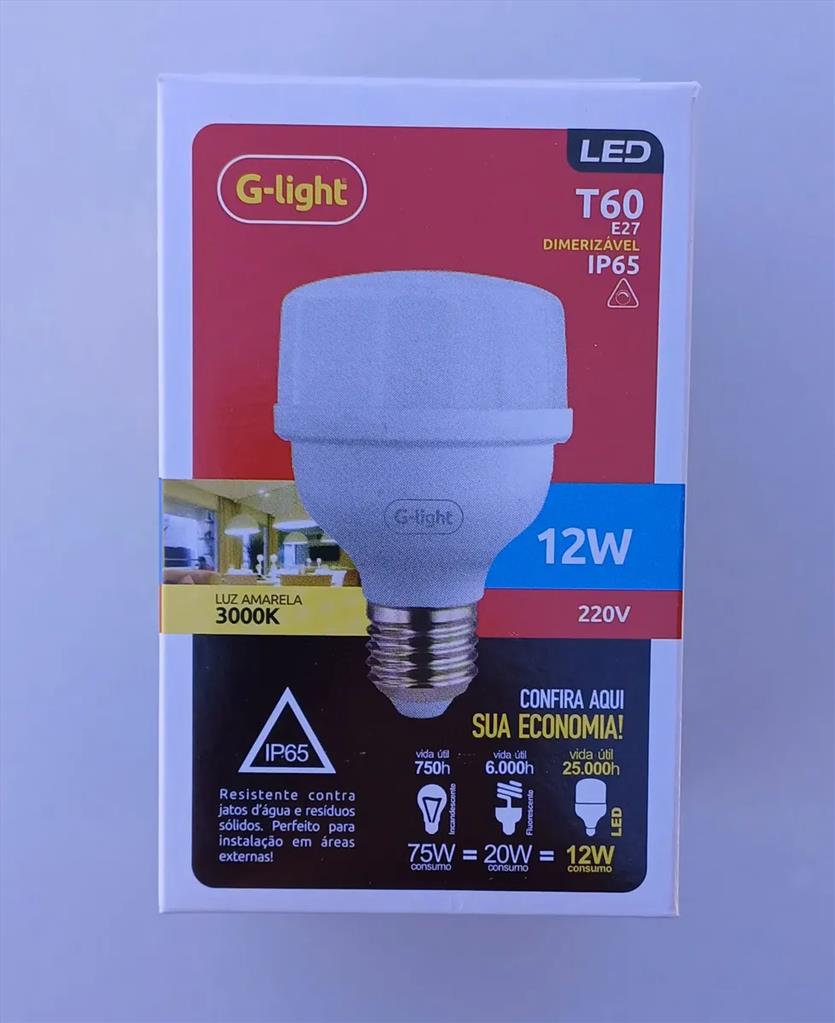 LAMPADA LED T60 12W IP65 3000K 220V DIMERIZAVEL GLIGHT